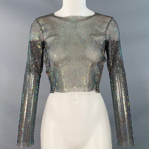 SANTA BRANDS XS/S Black Silver Polyester Blend Rhinestones Mesh Crop Casual Top - Picture 1 of 5